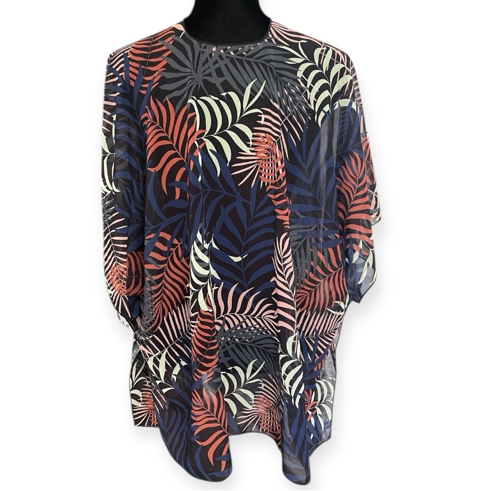 Chiffon Tropical Palm print Open Front Kimono One Size Semi Sheer Swim Coverup - Picture 3 of 3